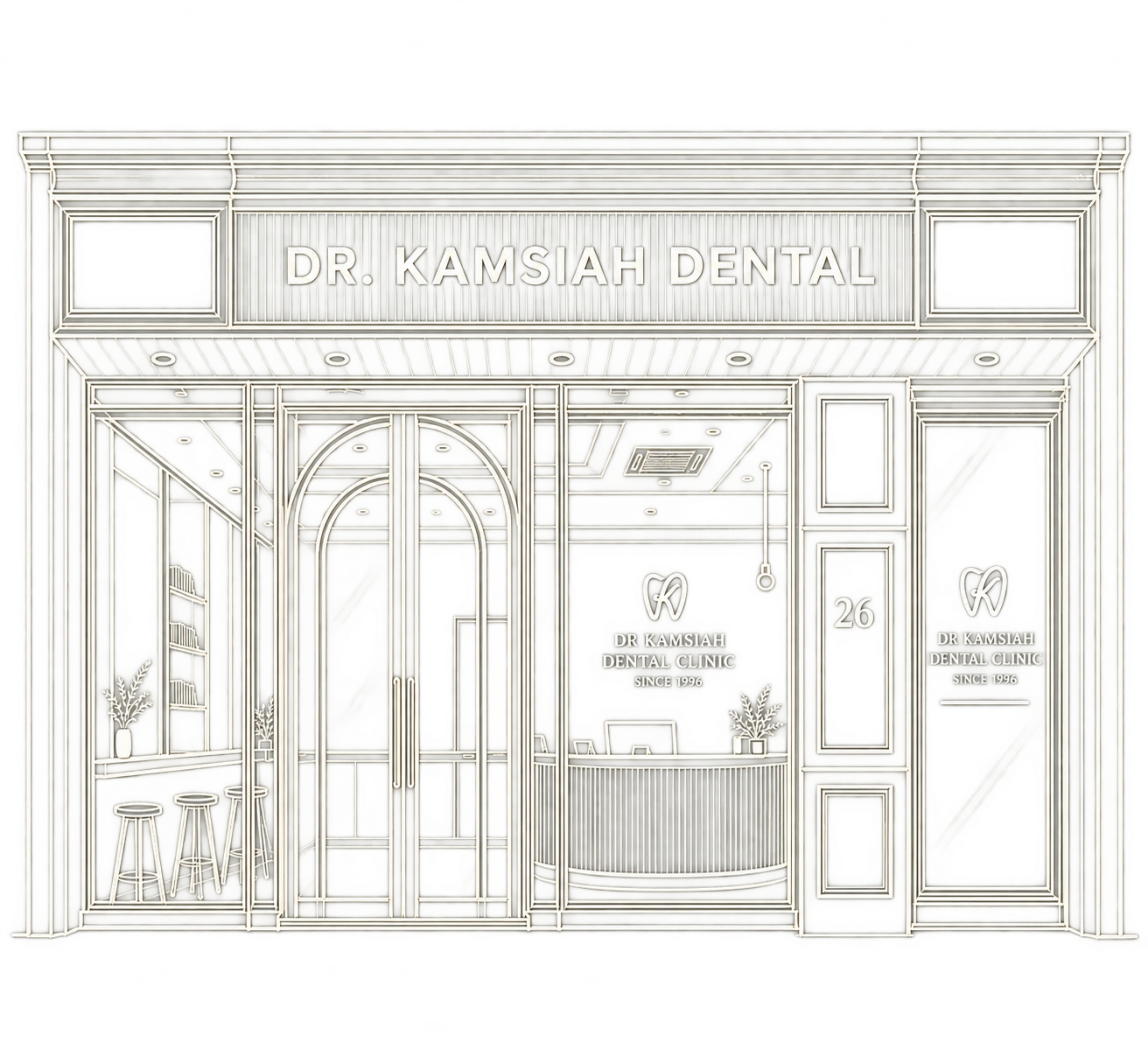 A line drawing of the new Dr Kamsiah Dental Clinic storefront, with arched double doors beneath the sign.